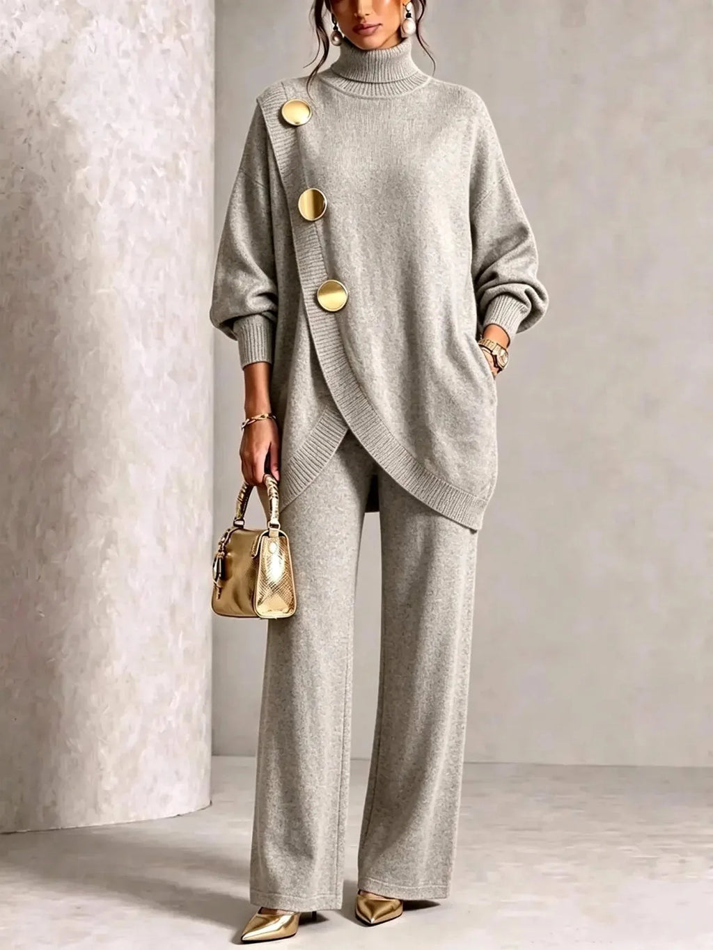 Full-length side view of the light grey polo neck tunic and trouser set draped over a relaxed drop shoulder