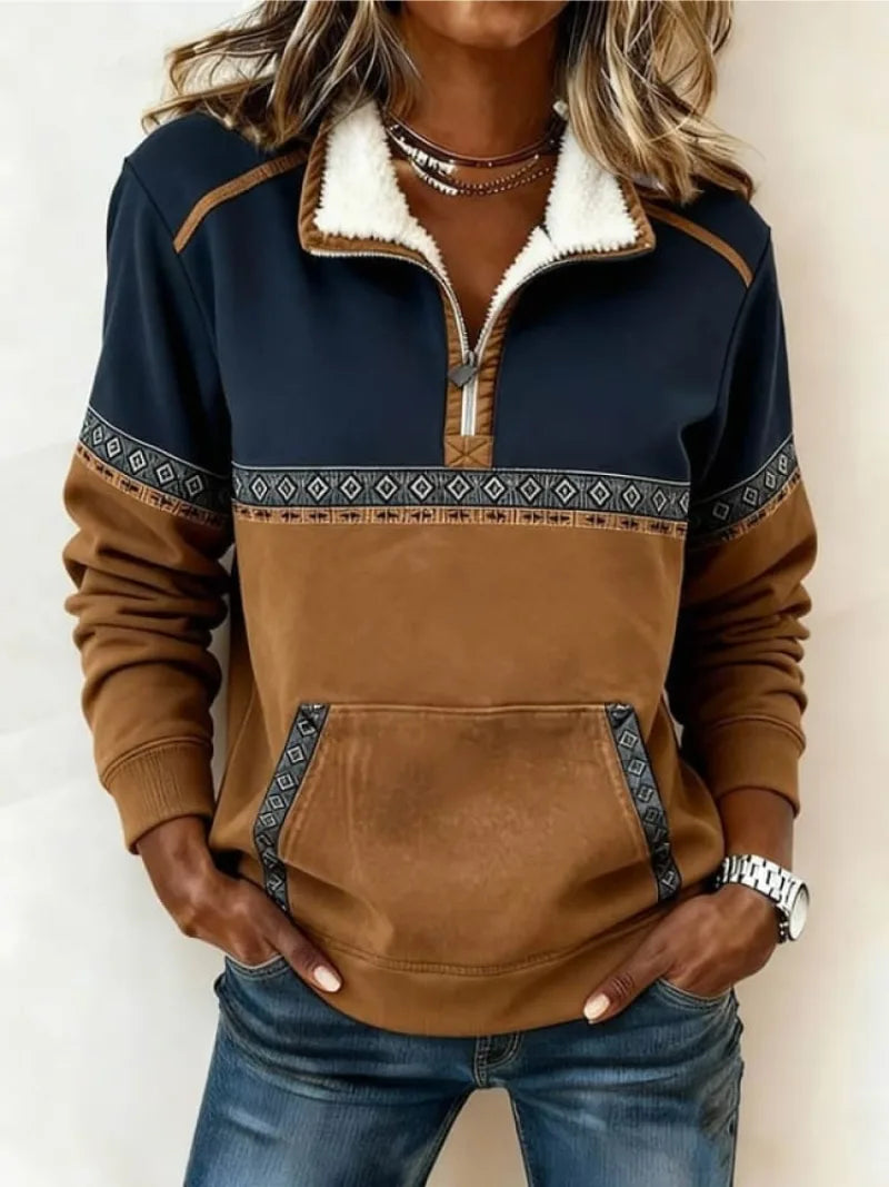 Close-up front view of a navy and brown colour-block quarter-zip jumper with sherpa fleece collar and aztec trim detailing