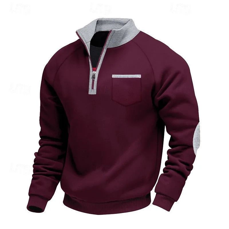 Wine red quarter-zip pullover with light grey collar and chest pocket, front view