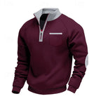 Wine red quarter-zip pullover with light grey collar and chest pocket, front view