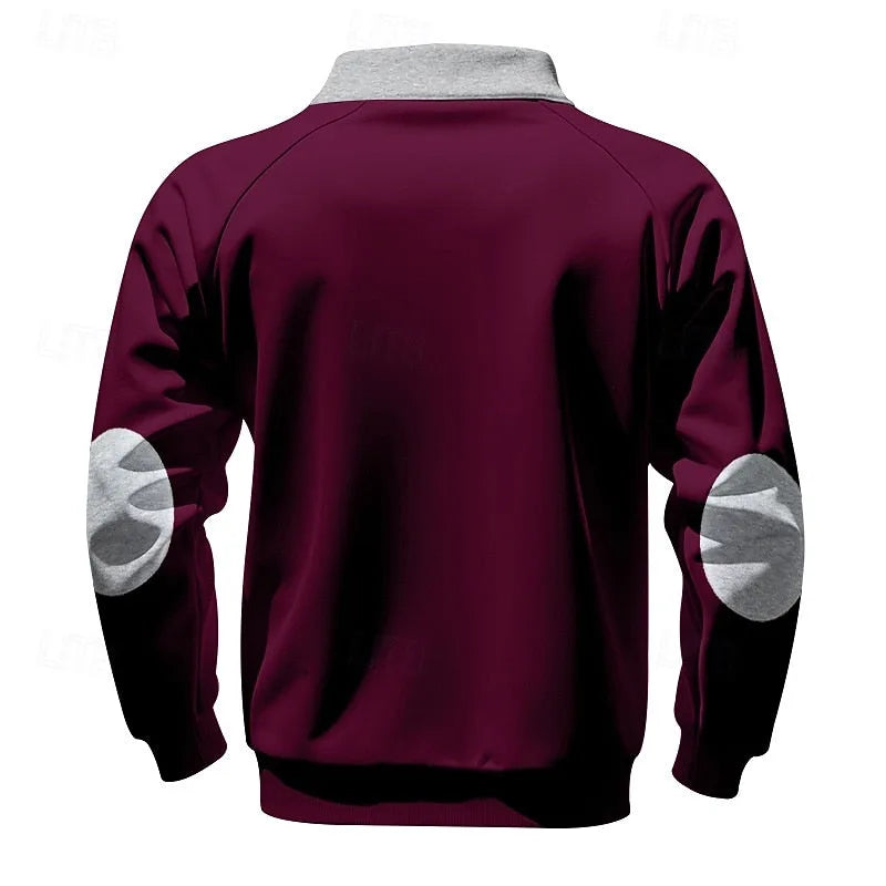 Dark grey quarter-zip pullover with light grey collar and contrast elbow patches, front view