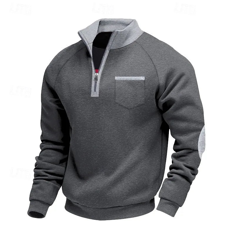 Light grey quarter-zip pullover displayed on a hanger showing full length and fit