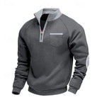 Light grey quarter-zip pullover displayed on a hanger showing full length and fit