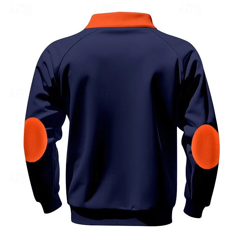 Back view of navy blue quarter-zip pullover showing orange collar and matching elbow patches