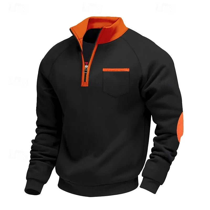 Black quarter-zip pullover with orange collar, chest pocket and elbow patches, front view
