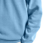 Angled shot of a grey quarter-zip sweatshirt showing the drop shoulder seam and sleeve length