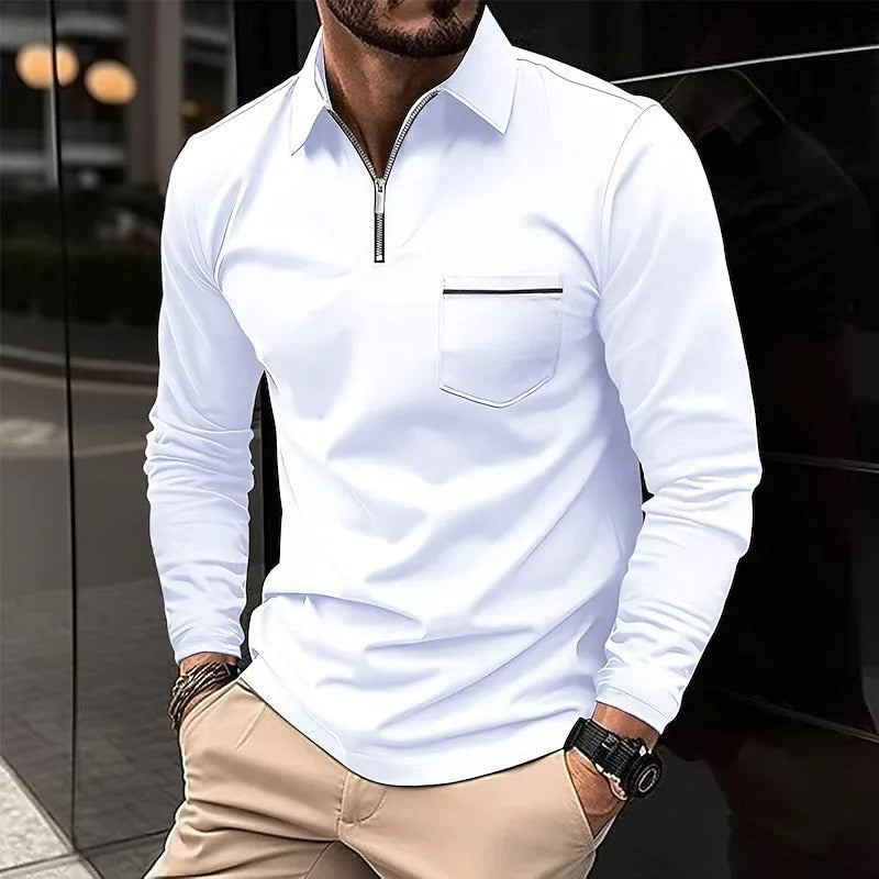White long-sleeve quarter-zip polo shirt with silver zip and collar, worn open with a chest pocket detail