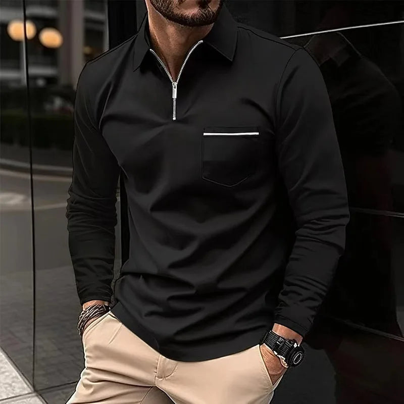 Black long-sleeve quarter-zip polo shirt with chest pocket, silver zipper and pointed collar