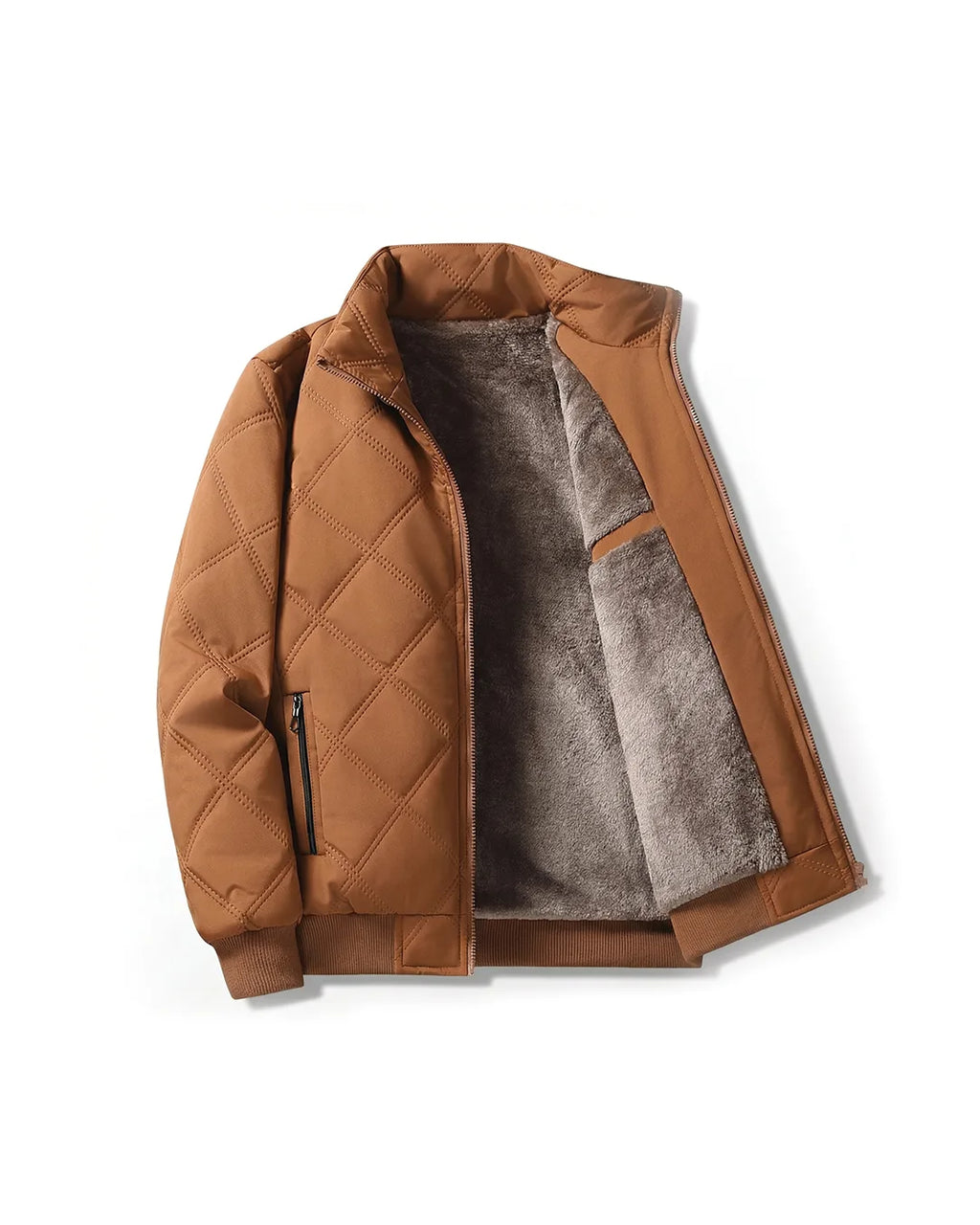 Brown quilted jacket laid open flat, showing diamond stitch shell and thick grey fleece lining with zipped inner pocket