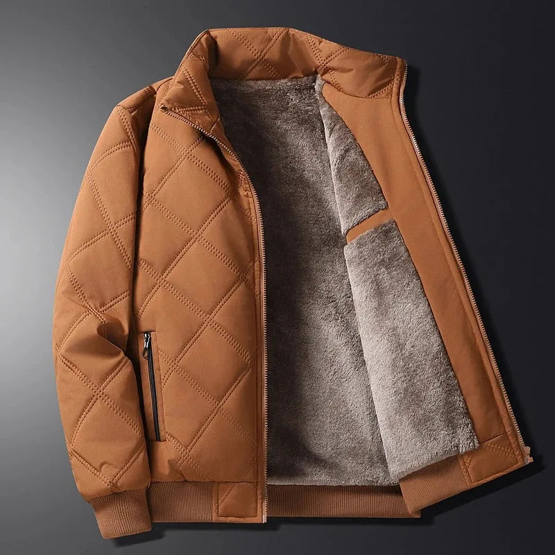 Open brown diamond-quilted jacket on dark grey background, revealing full stand collar and soft fleece interior