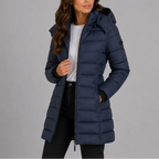 Navy blue quilted puffer coat with detachable hooded collar, worn open over a white t-shirt and black jeans