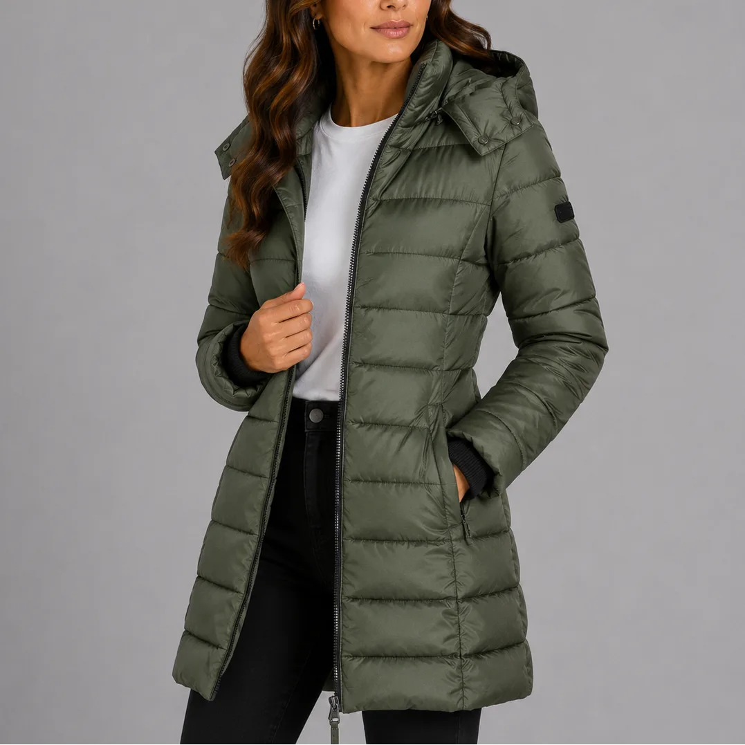 Olive green longline puffer coat with full-length zip and side zip pocket, shown open at the front