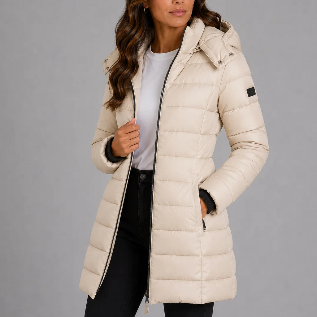 Beige quilted puffer coat with adjustable hood and branded sleeve patch, close front view