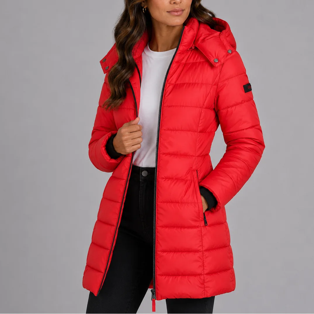Red channel-quilted puffer coat with zip-front closure and drawstring hood, worn over a white top