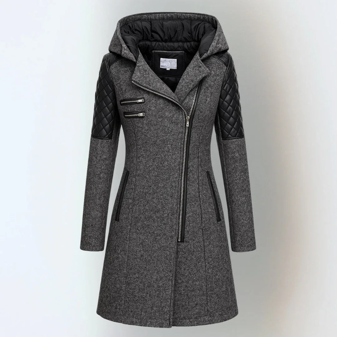 Front view of a dark grey marl hooded coat with asymmetric gold zip and twin chest zip pockets