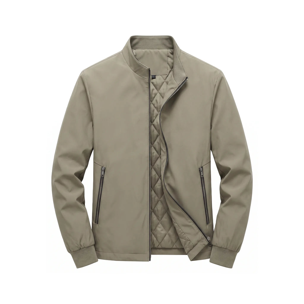 Khaki jacket shown fully open, revealing diamond-quilted lining and front zip against a plain background