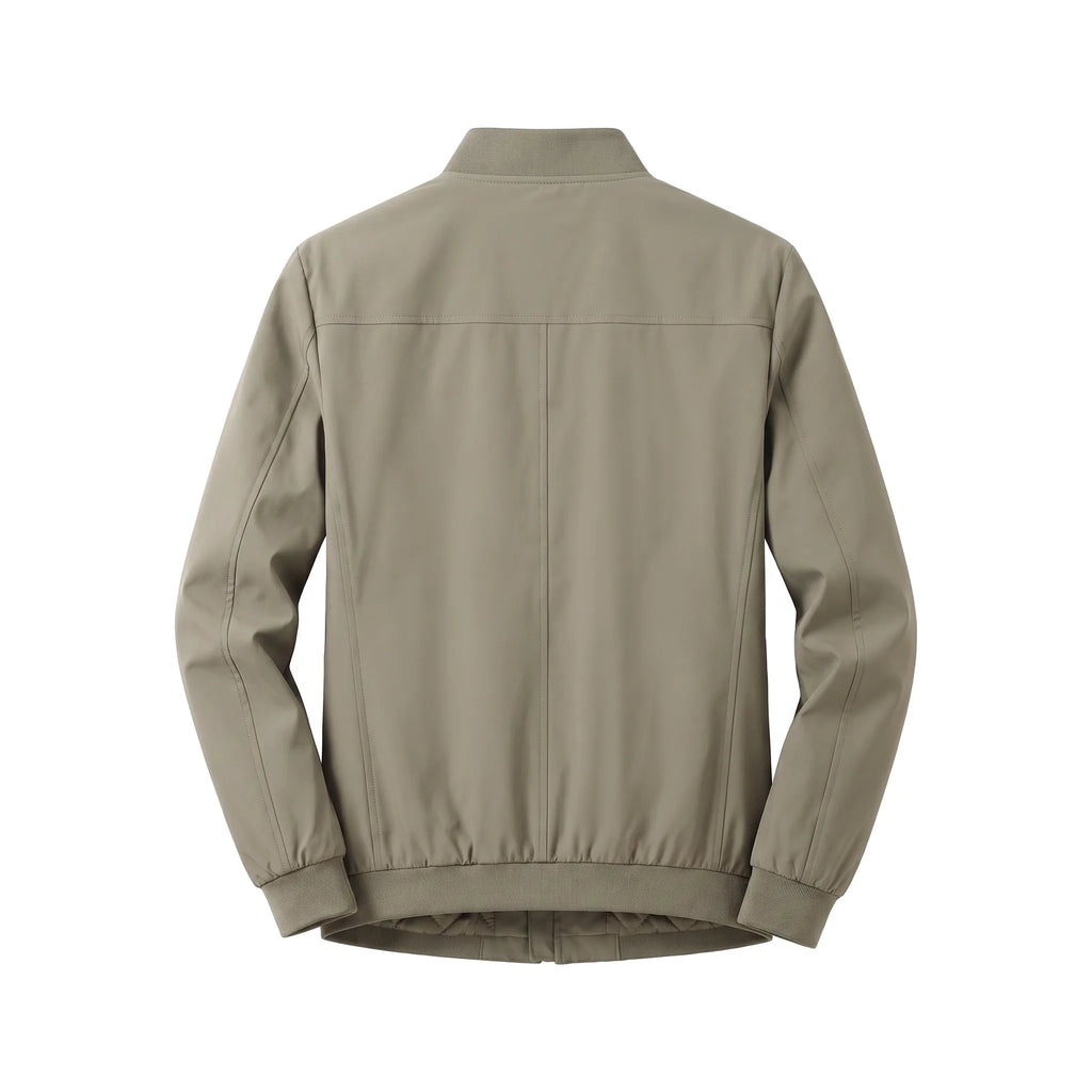 Back view of the khaki jacket showing the ribbed collar, centre seam and elasticated hem