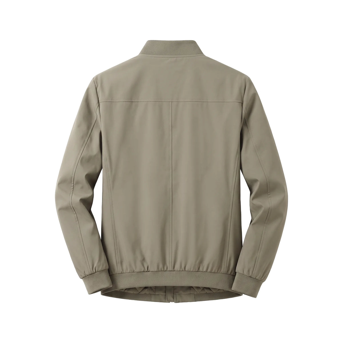Back view of the khaki jacket showing the ribbed collar, centre seam and elasticated hem