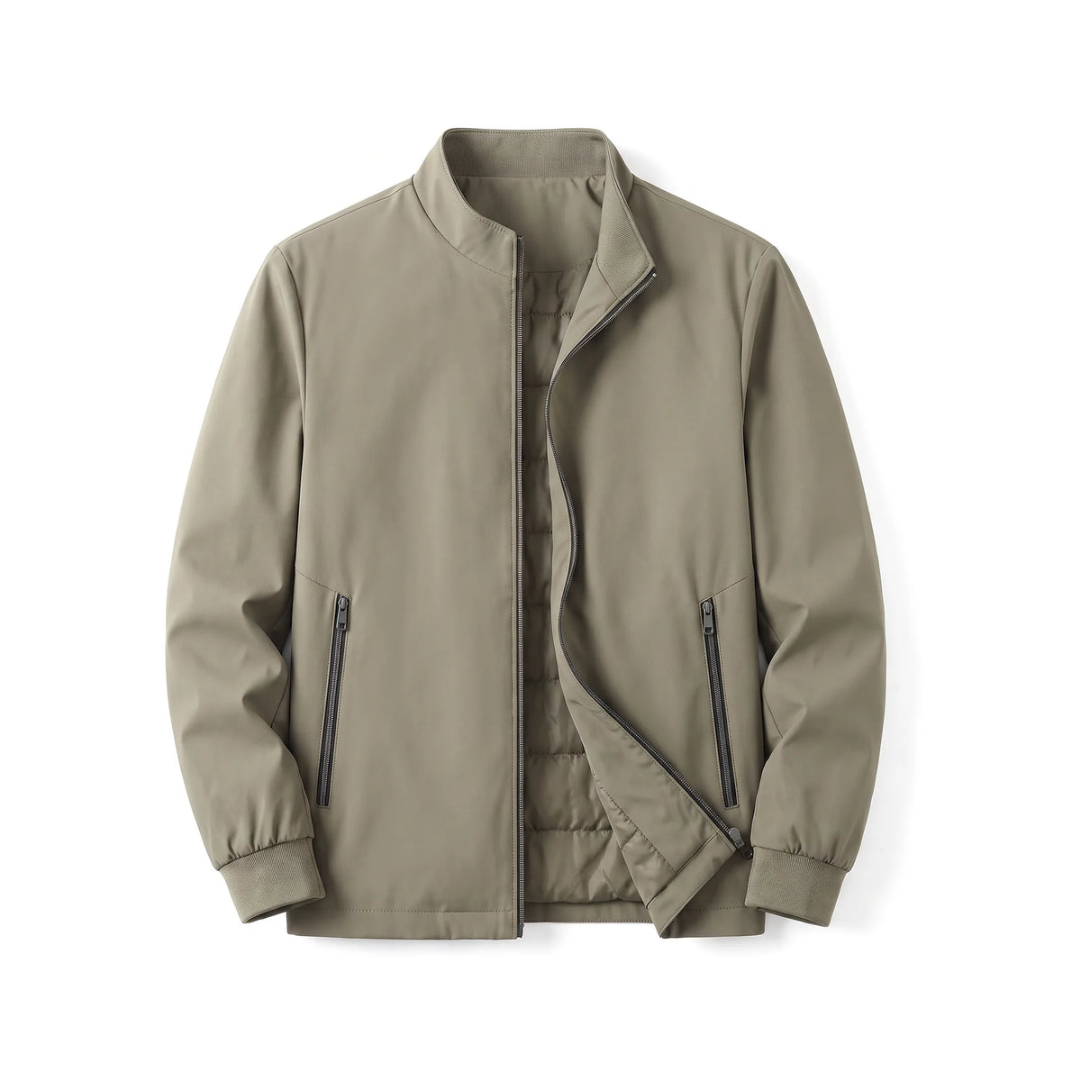 Front view of the khaki jacket half open, showing the zipped side pockets and ribbed cuffs