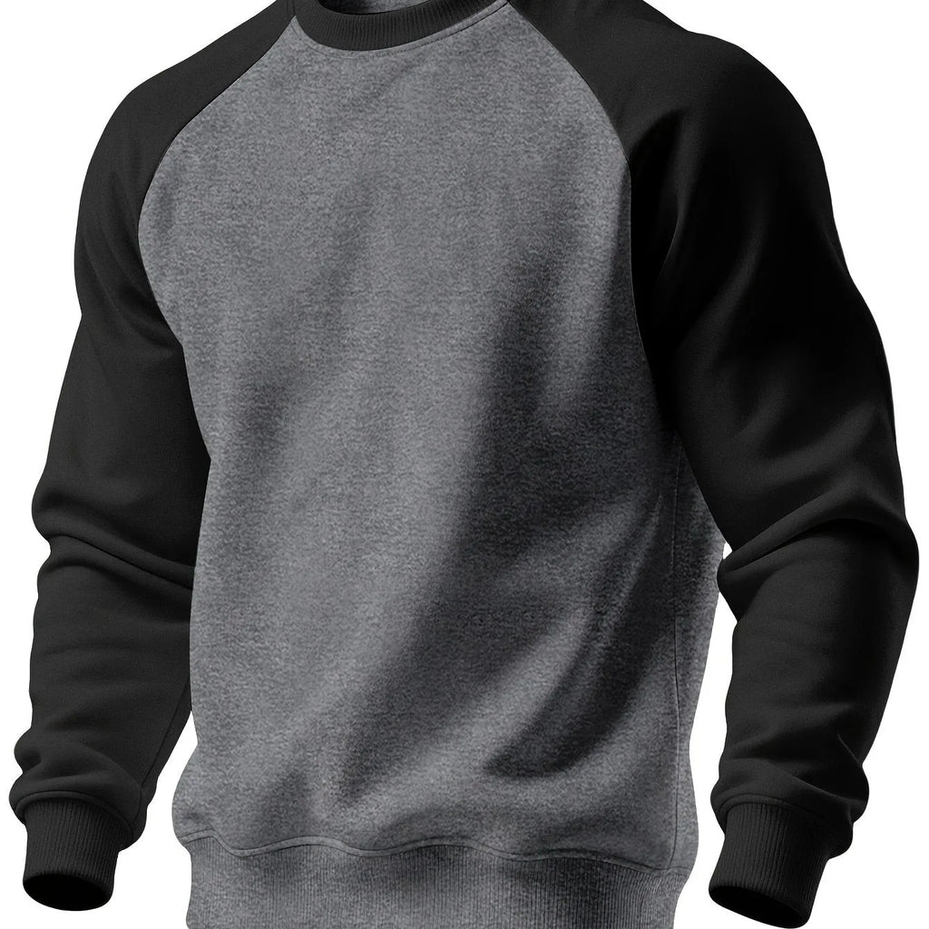 Front view of a raglan sweatshirt in grey marl with black contrast sleeves and black ribbed collar