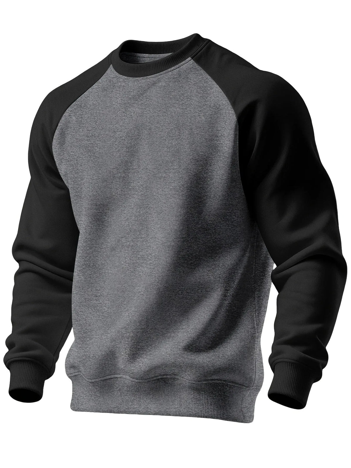 Slightly angled front view showing the two-tone grey and black raglan sweatshirt on a mannequin form