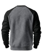 Back view of the raglan crew neck sweatshirt in grey with black raglan sleeves and ribbed hem