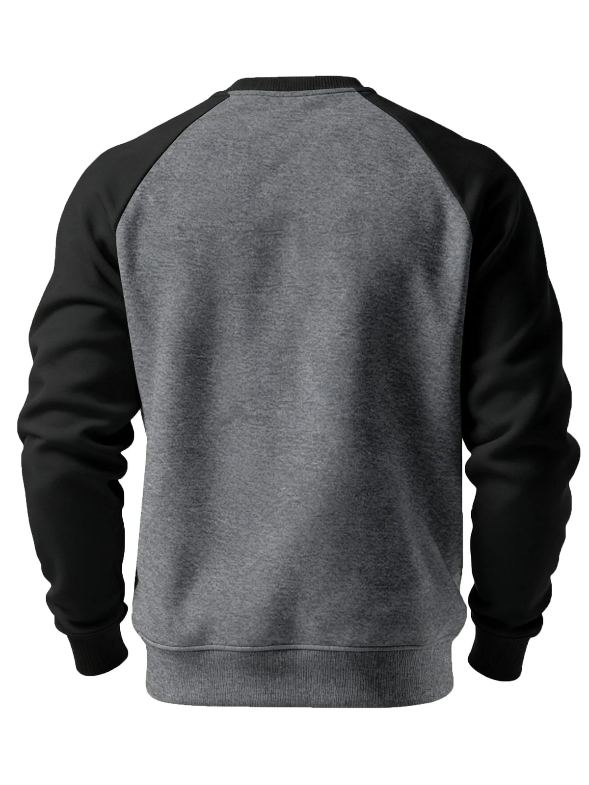 Back view of the raglan crew neck sweatshirt in grey with black raglan sleeves and ribbed hem