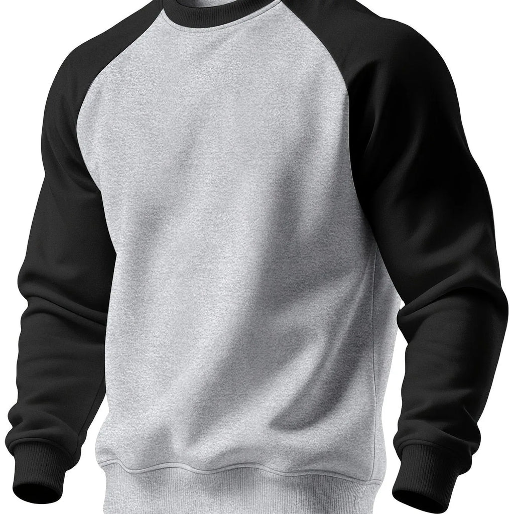 Front view of the sweatshirt in light grey marl with black raglan sleeves and collar