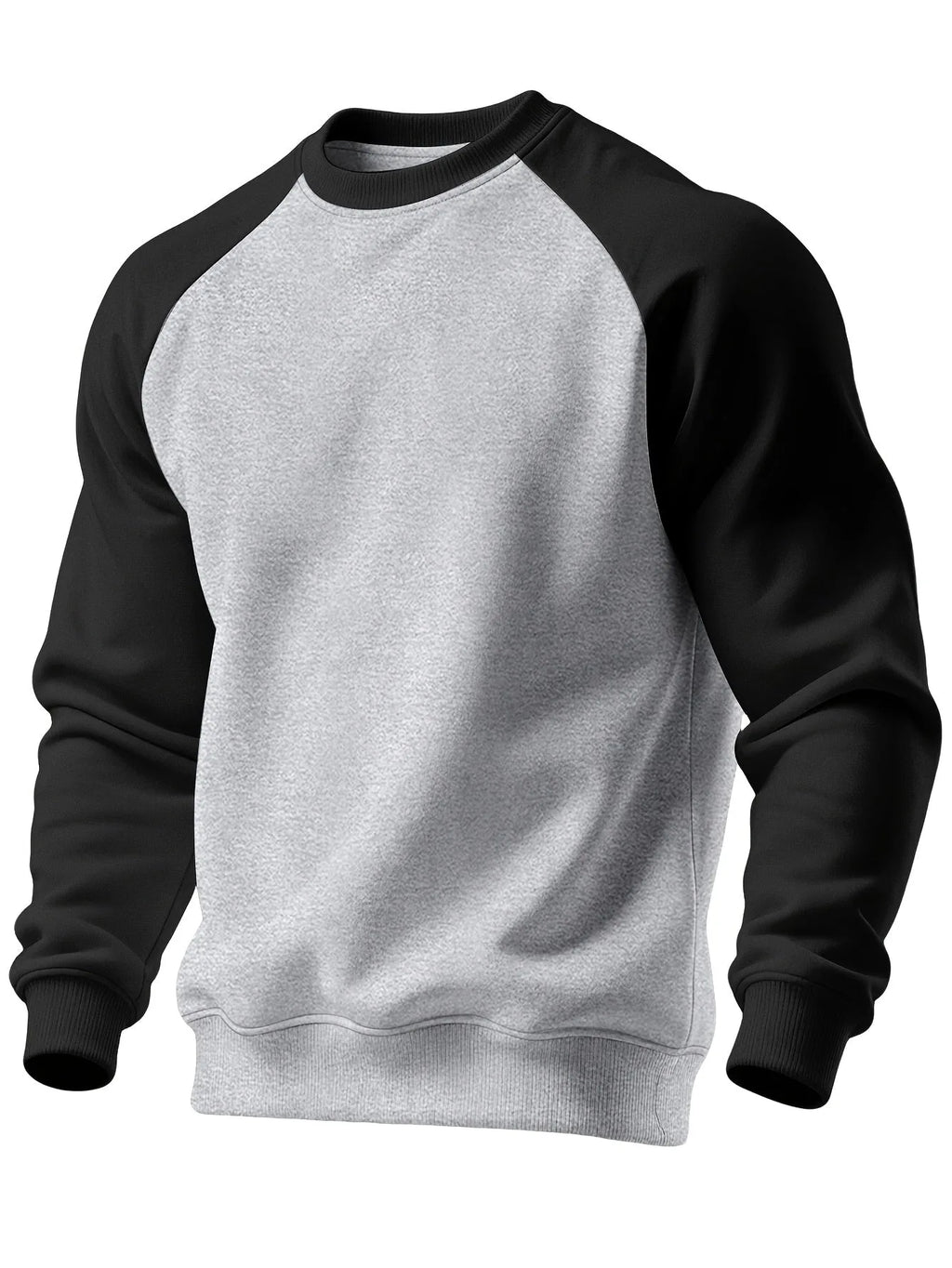 Alternative front angle of the light grey and black two-tone raglan sweatshirt