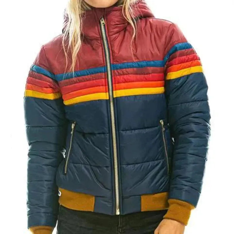 Close-up front view of navy puffer jacket showing burgundy hood, striped chest panel and zip pockets with mustard trims