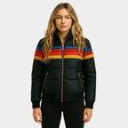 Front view of black hooded puffer jacket with blue, red, orange and yellow chest stripes and gold-tone zip