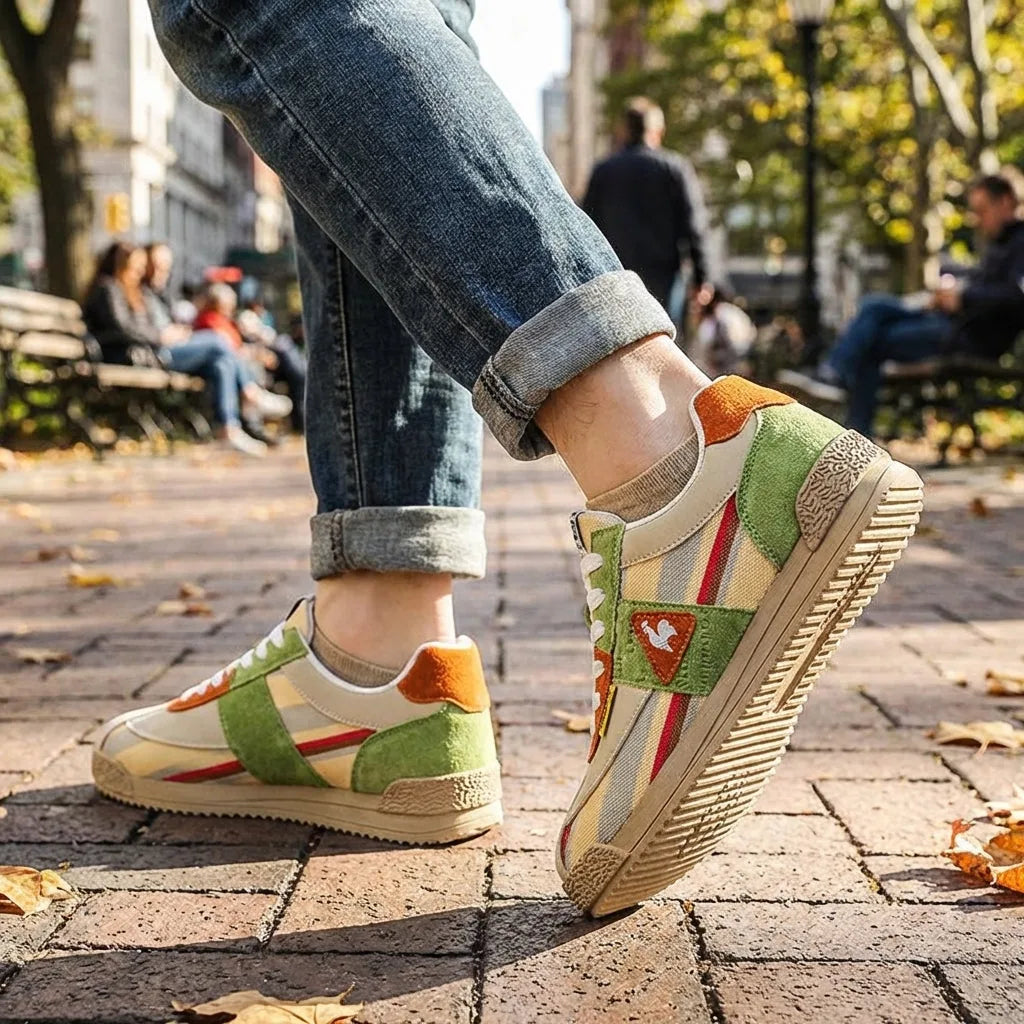 Side view of retro trainer worn walking, cream canvas upper with green suede panels and orange heel accent