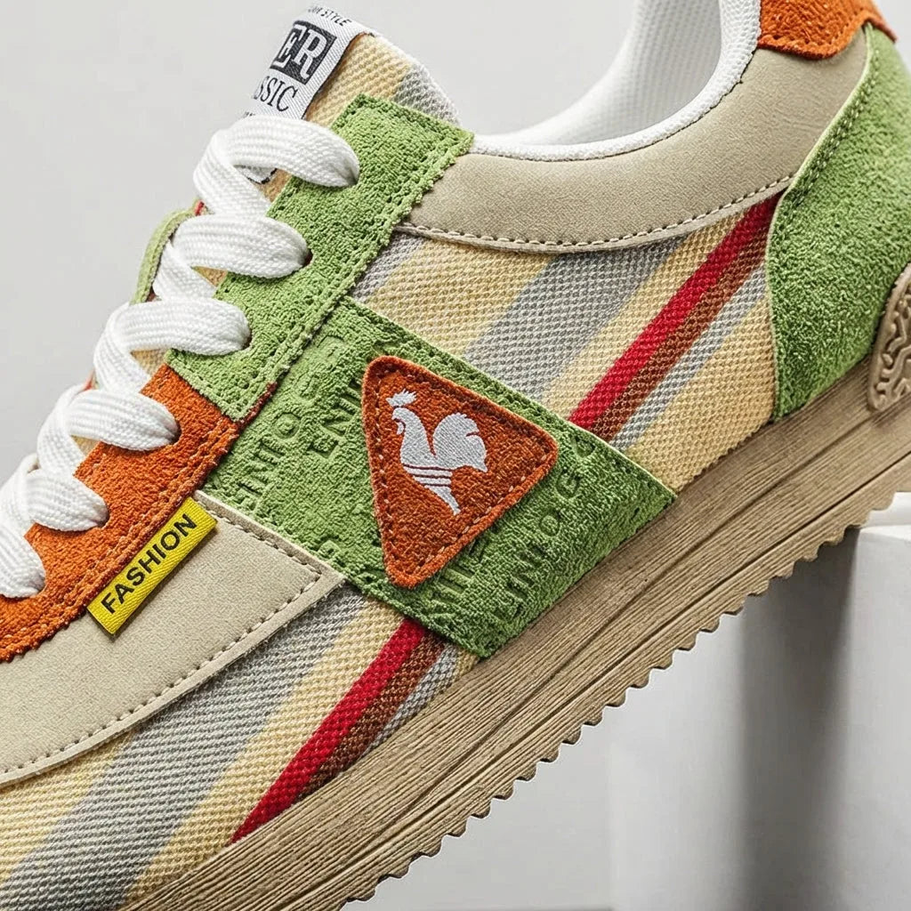 Pair of trainers shown on plain background, cream, green and orange colour-blocked panels with white laces