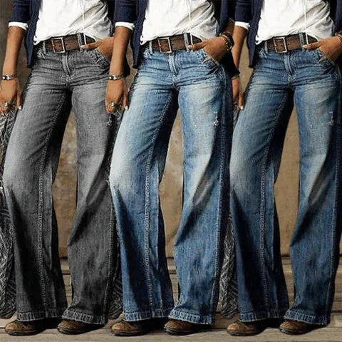 Three wide-leg jeans styles shown side by side in grey, light blue and mid-blue washes with visible topstitching