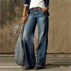 Close-up front view of light blue wide-leg jeans with belt loops, button fly and natural whisker fading