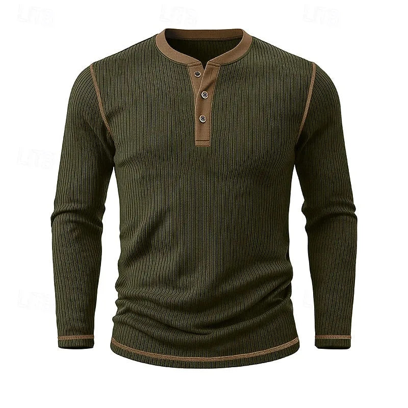 Man modelling the white ribbed henley shirt paired with beige trousers, full torso view
