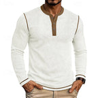 Side view of the white ribbed henley shirt showing the fitted ribbed knit body