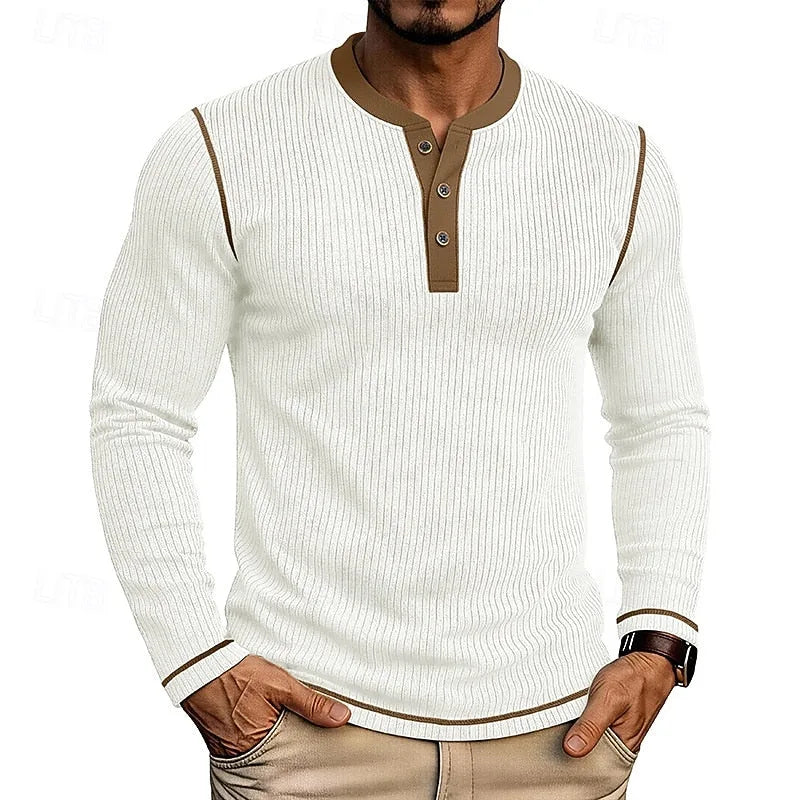 Side view of the white ribbed henley shirt showing the fitted ribbed knit body