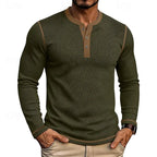 Close shot of the crew-style contrast collar on the light blue ribbed henley shirt