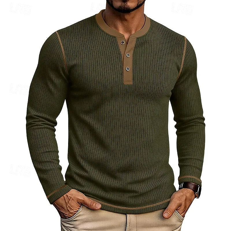 Close shot of the crew-style contrast collar on the light blue ribbed henley shirt