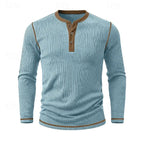 Front view of the light blue ribbed henley shirt showing the three-button placket and contrast collar