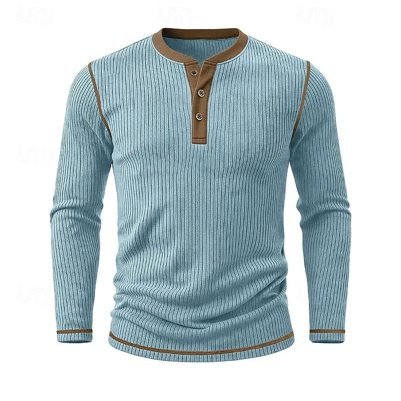 Front view of the light blue ribbed henley shirt showing the three-button placket and contrast collar