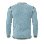 Back view of the light blue ribbed henley shirt showing the raglan seam detail and ribbed knit texture