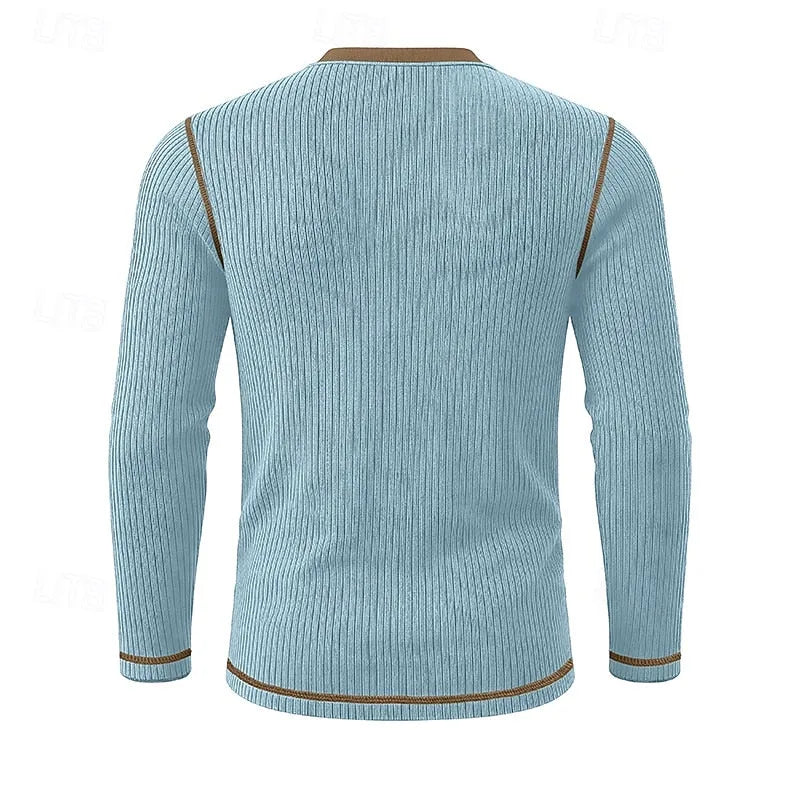Back view of the light blue ribbed henley shirt showing the raglan seam detail and ribbed knit texture