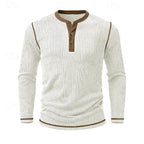 Front view of the white ribbed henley shirt highlighting the buttoned placket and contrast cuffs