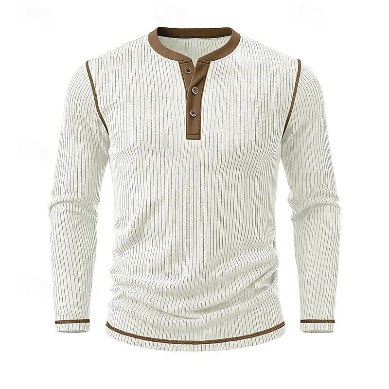 Front view of the white ribbed henley shirt highlighting the buttoned placket and contrast cuffs