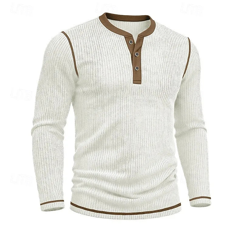 Close front shot of the white ribbed henley shirt showing the fitted long-sleeve silhouette