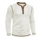 Close front shot of the white ribbed henley shirt showing the fitted long-sleeve silhouette