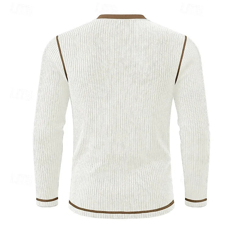 Detail shot of the white ribbed henley shirt's brown collar trim and stitched button placket