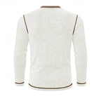 Detail shot of the white ribbed henley shirt's brown collar trim and stitched button placket